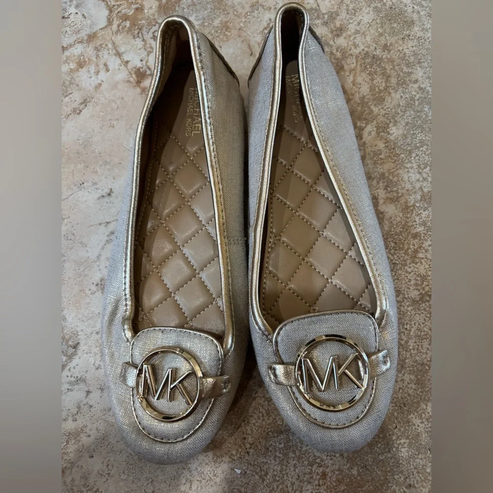 MICHAEL Michael Kors gold quilted MK Logo Ballet Flats minimalist